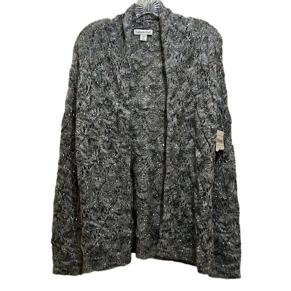 Coldwater Creek ‘Sequin Swirl cardi’ cardigan sweater sequins sheer gray Medium - Picture 1 of 6
